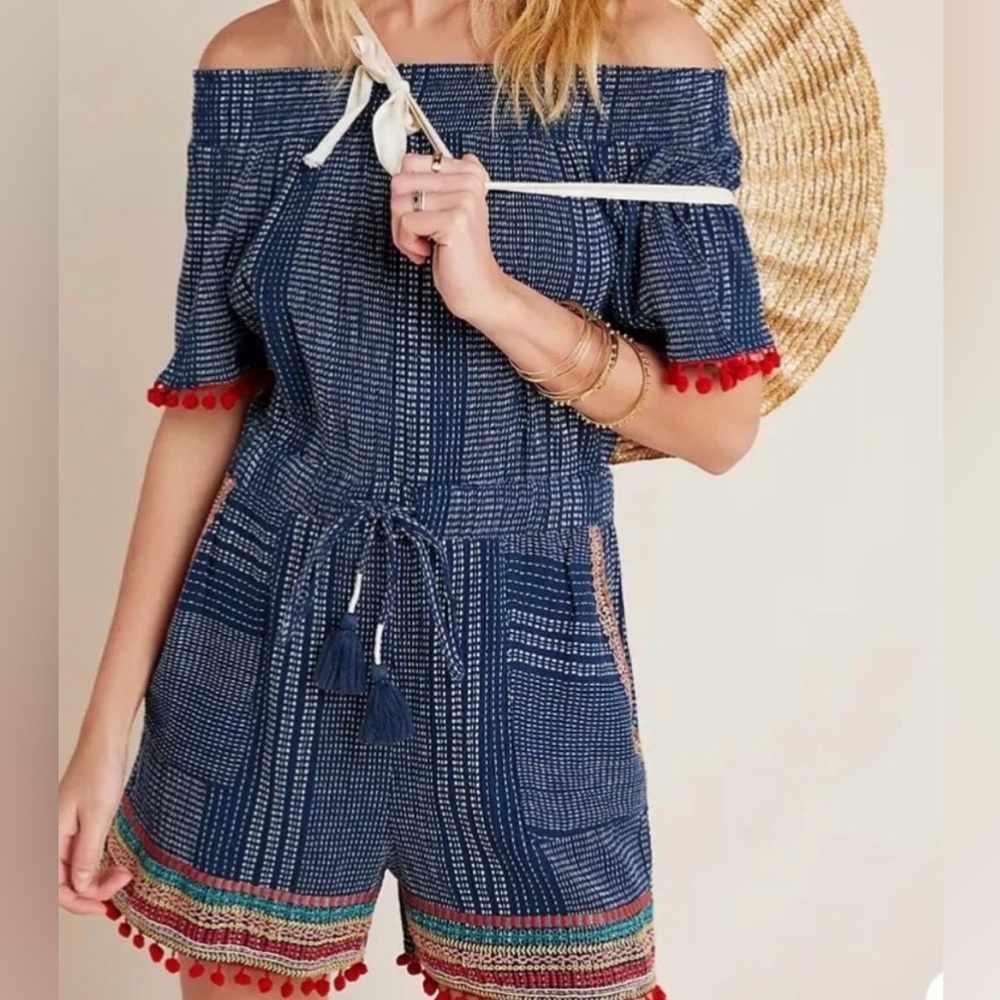 Anthropologie THML Lacey Pommed Off-The-Shoulder Romper MEDIUM